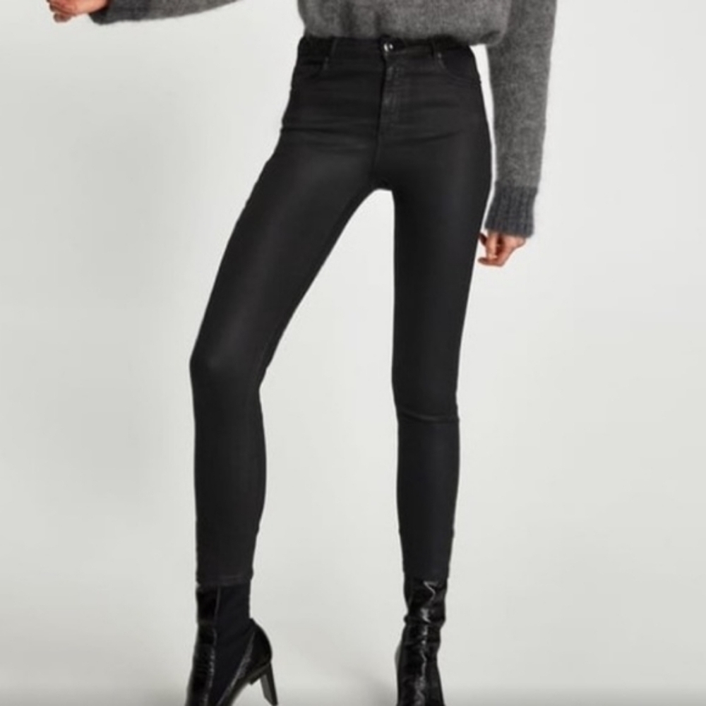 Zara Woman Whimsigoth Baddie Moto Black Coated Slim Fit Skinny Jeans Size 8